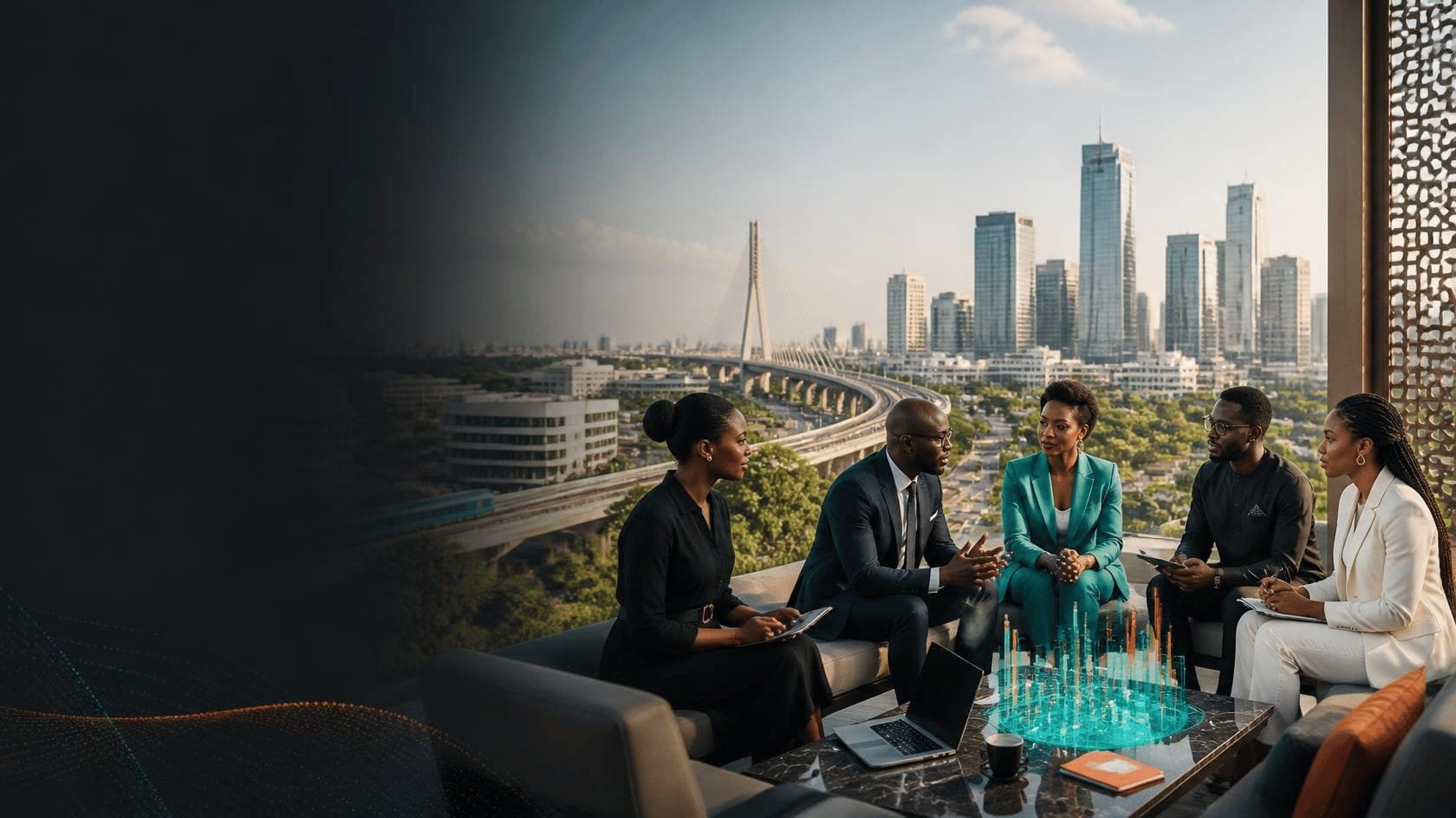 Professionals in discussion on a terrace overlooking a modern African city skyline